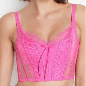 NWT Victorias Secret Dream Angels Neon Pink‎ Lace Peony Corset Top S-DD Lingerie